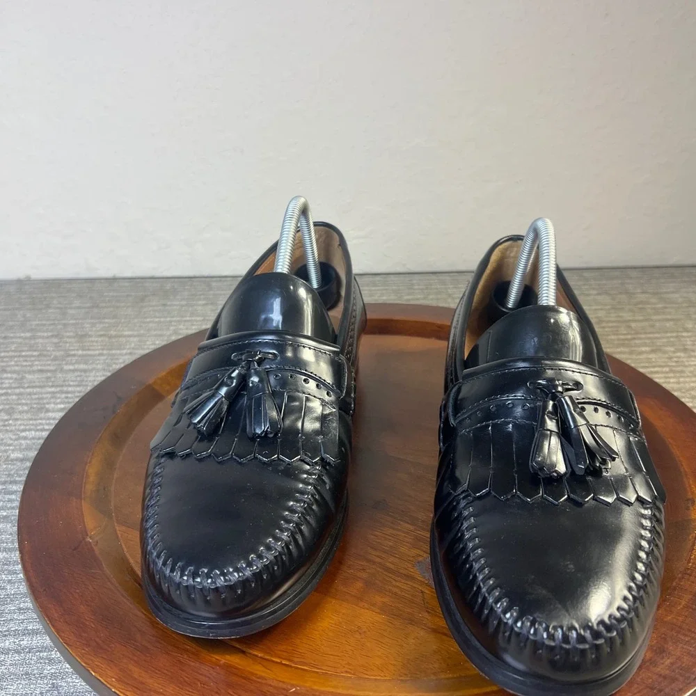 Bass Mens Shoes Black Leather Kiltie Tassel Loafers Brogue Detail Slip On Dres